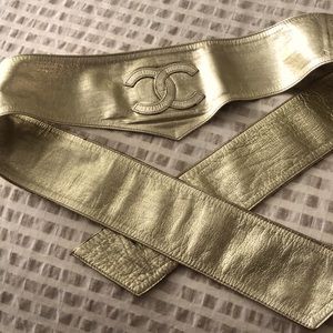 CHANEL Gold Metallic Leather Sash Belt